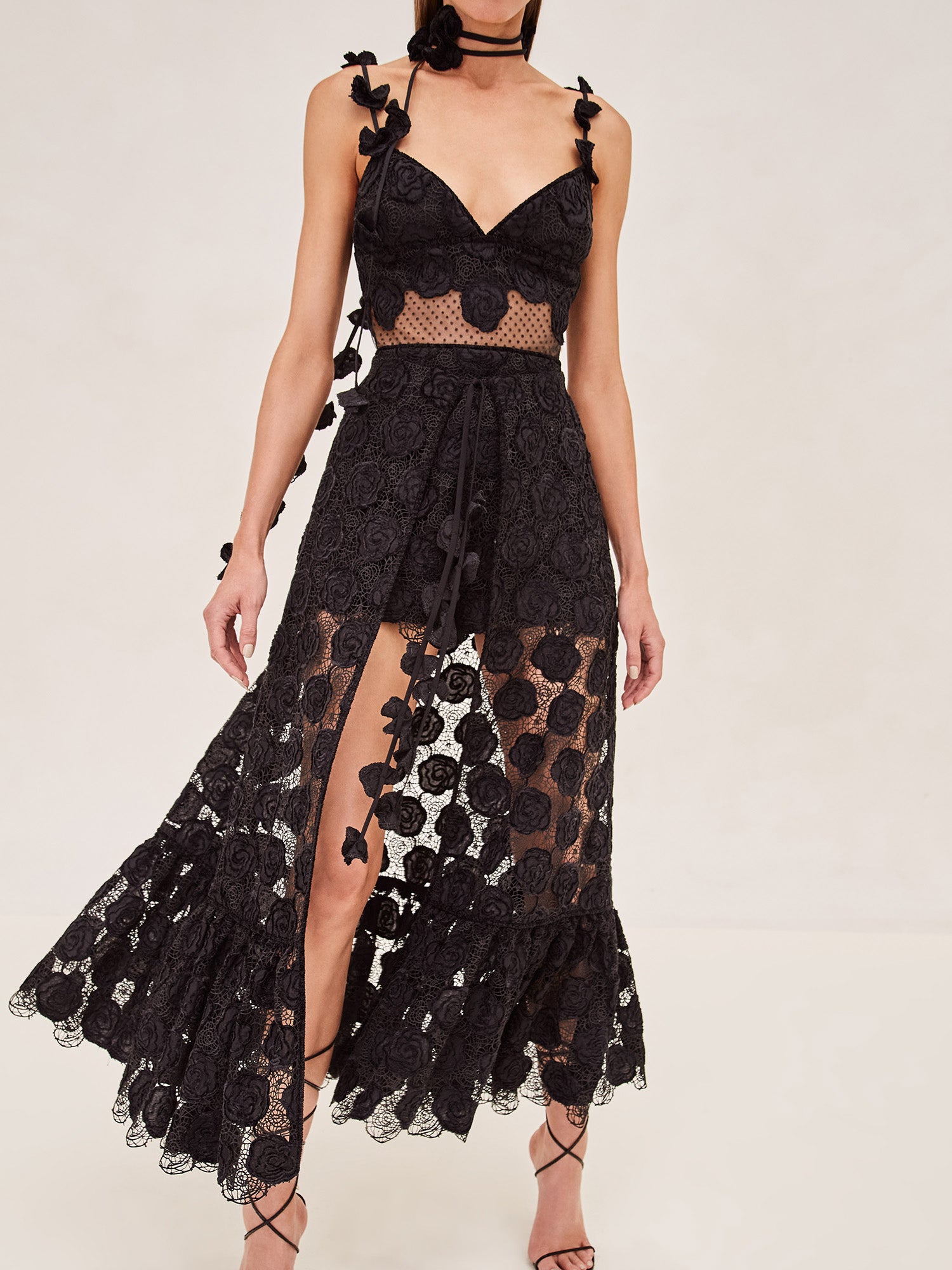 ALEXIS Armas romper in black lace with removeable skirt.hover image