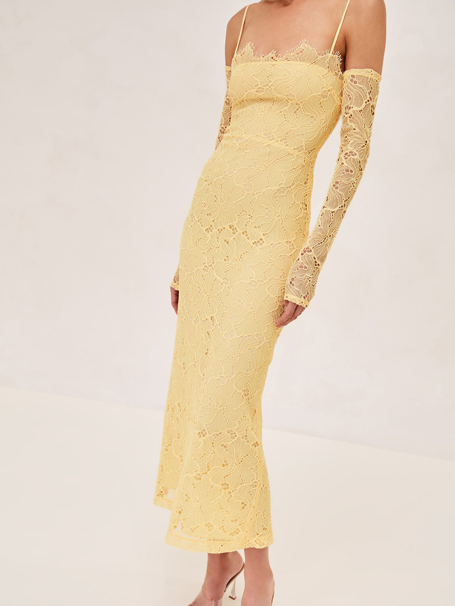 ALEXIS Rishell Lace midi dress with removable lining and sleeve gloves in yellow