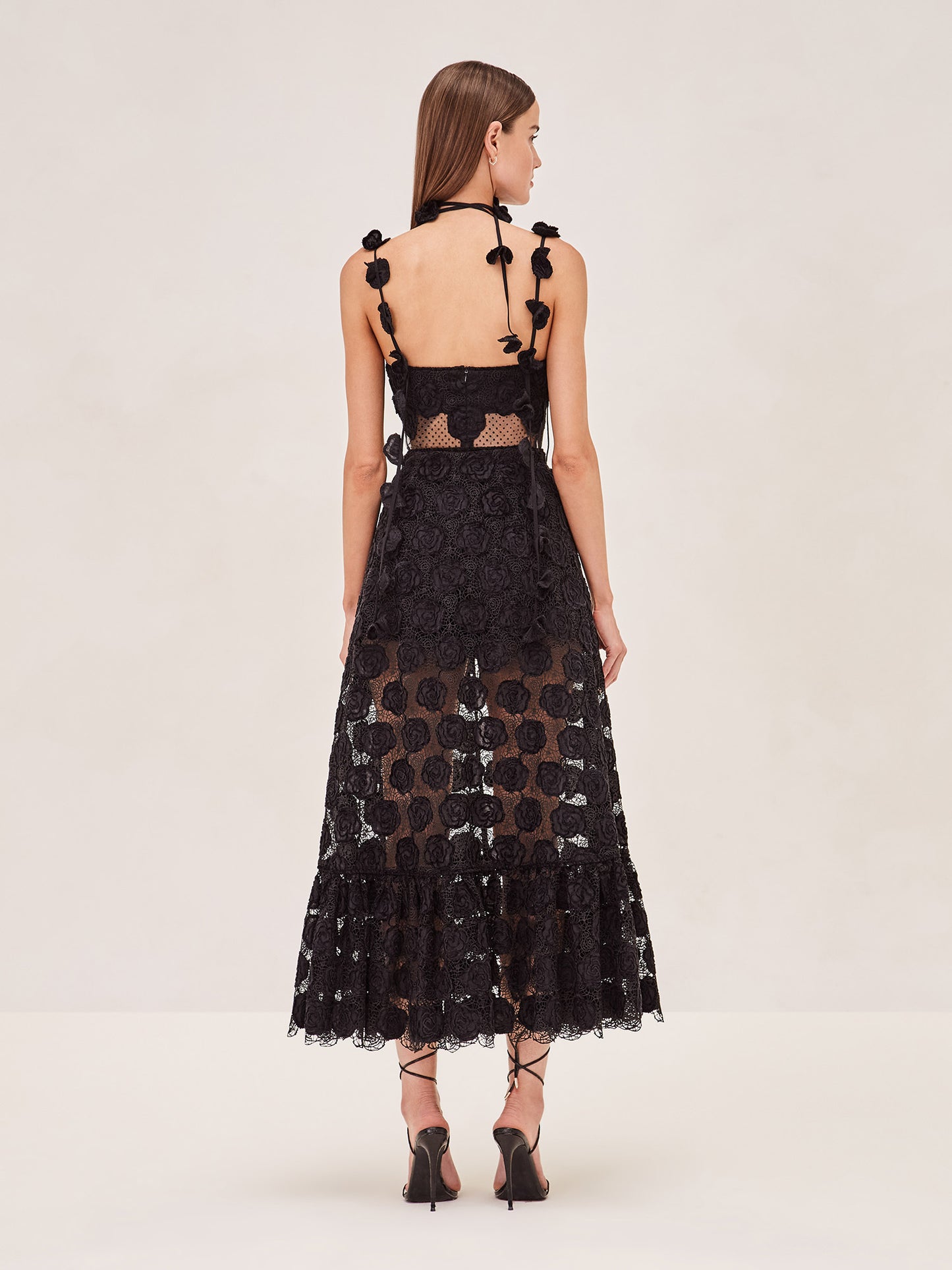 ALEXIS Armas romper in black lace with removeable skirt.back image