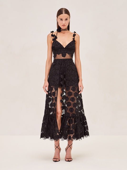 ALEXIS Armas romper in black lace with removeable skirt cape