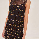 ALEXIS Avella Dress sheer mini dress with a black slip. Adorned with topaz stones
