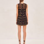 ALEXIS Avella Dress sheer mini dress with a black slip. Adorned with topaz stones