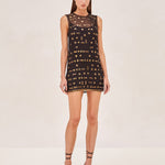 ALEXIS Avella Dress sheer mini dress with a black slip. Adorned with topaz stones