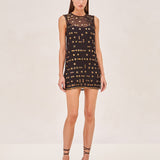 ALEXIS Avella Dress sheer mini dress with a black slip. Adorned with topaz stones