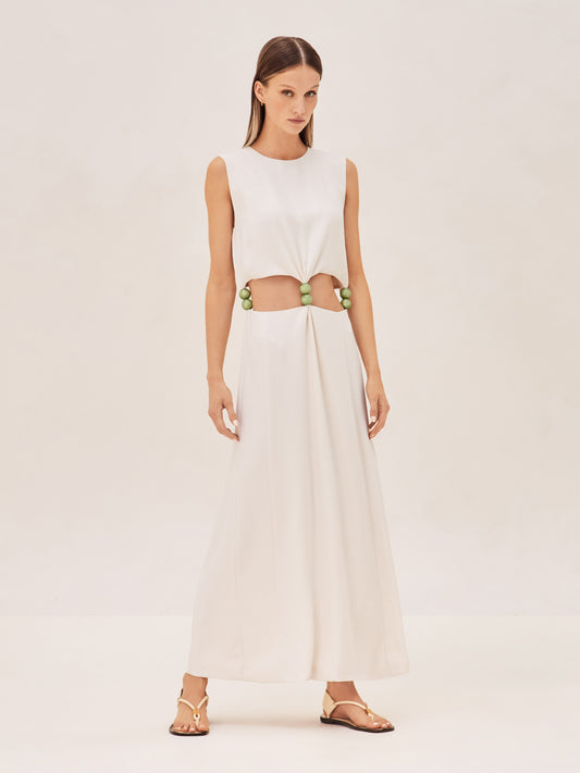 ALEXIS coppola ivory sleeveless dress with jade beaded detail  and stomach cut outs 