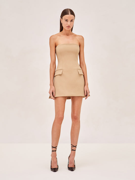 Alexis Cynthia Strapless mini dress with mock pocket detail in camel