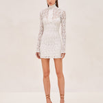 Alexis Delia long sleeve, mock turtle neck lace mini dress in white