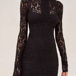 Alexis Delia long sleeve, mock turtle neck lace mini dress in black.