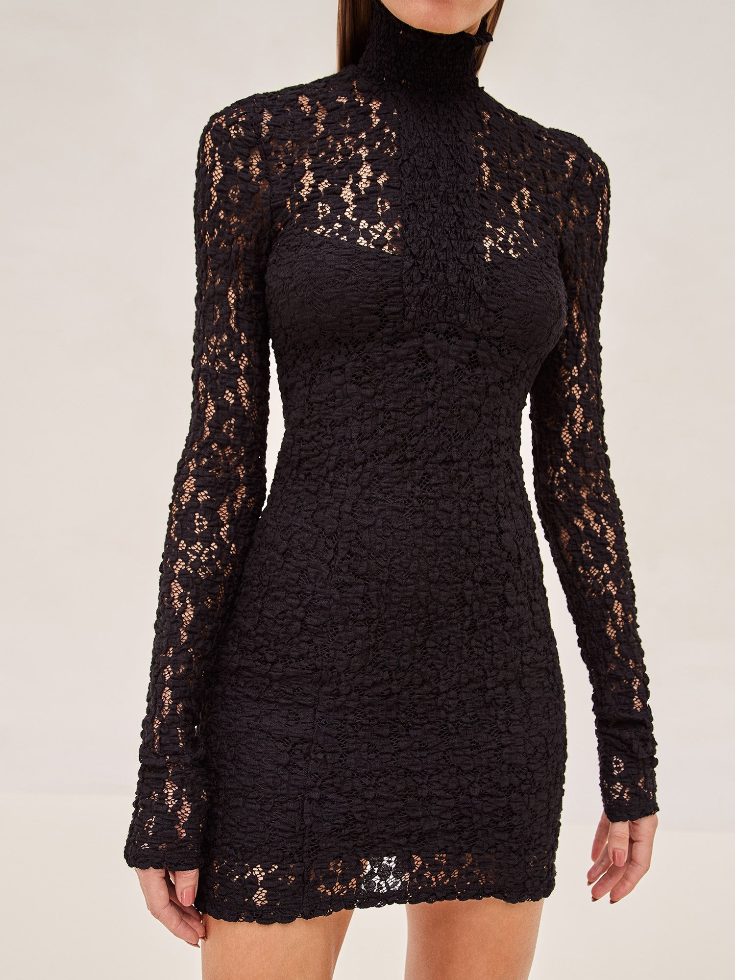Alexis Delia long sleeve, mock turtle neck lace mini dress in black.