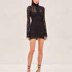 Alexis Delia long sleeve, mock turtle neck lace mini dress in black.