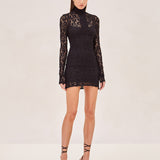 Alexis Delia long sleeve, mock turtle neck lace mini dress in black.