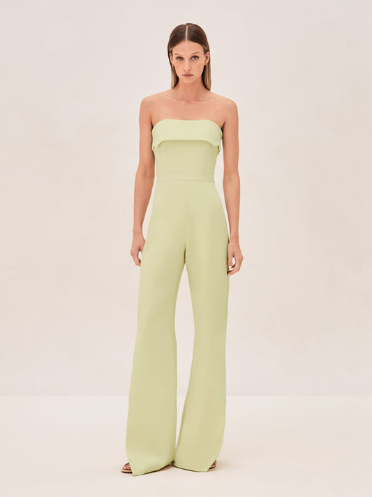 ALEXIS Strapless kaye jumpsuit in limelight green with slit on leg