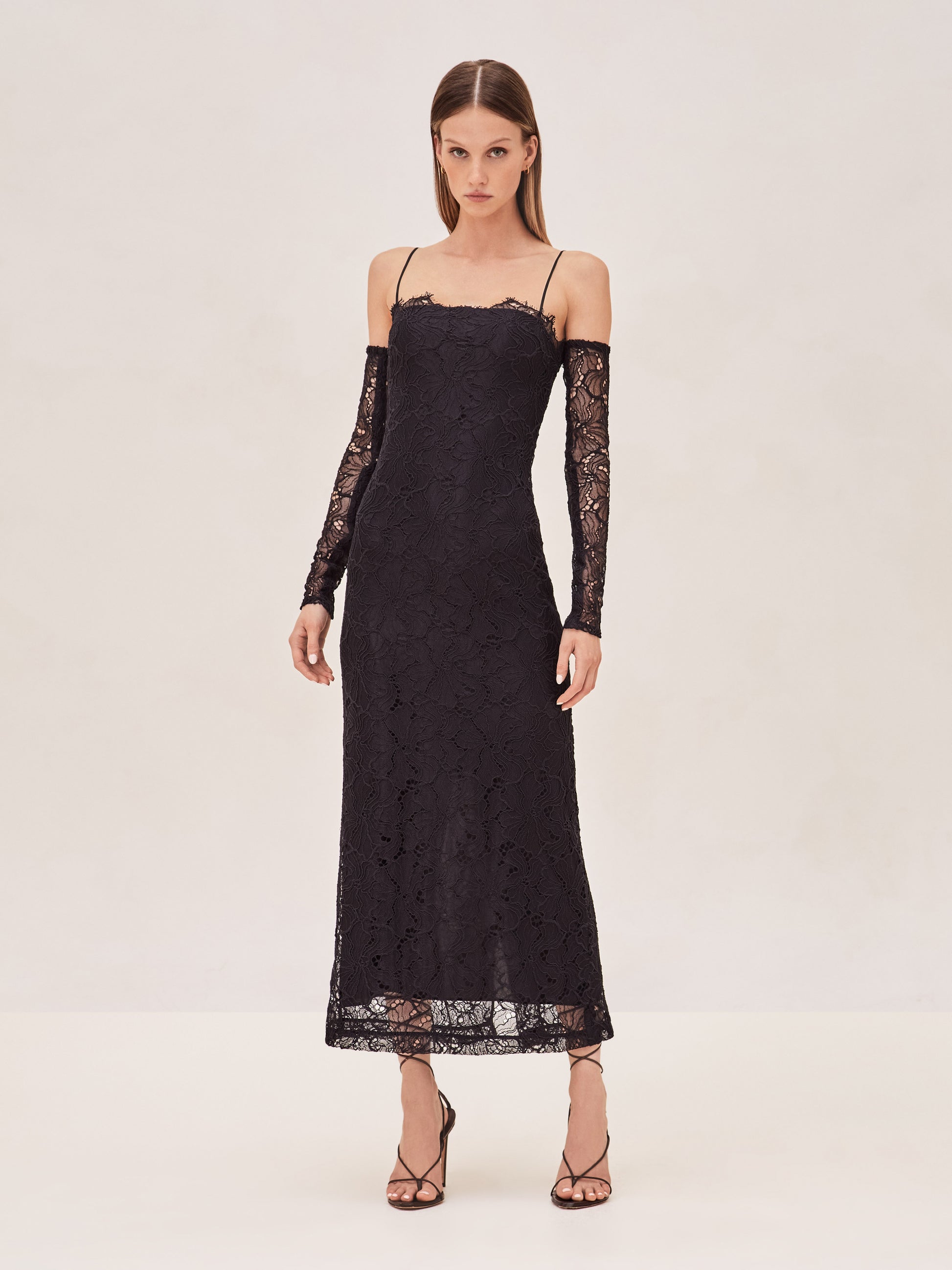 ALEXIS Rishell Lace midi dress with removable lining and sleeve gloves in black.
