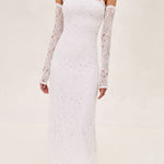 ALEXIS Rishell Lace midi dress with removable lining and sleeve gloves in white.