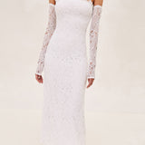 ALEXIS Rishell Lace midi dress with removable lining and sleeve gloves in white.