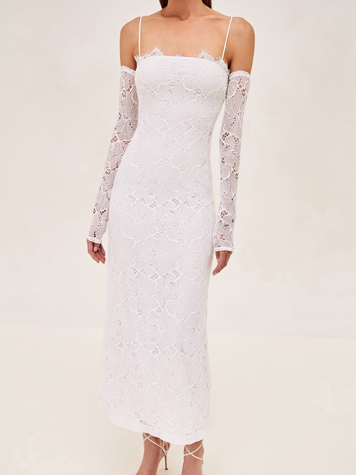 ALEXIS Rishell Lace midi dress with removable lining and sleeve gloves in white.