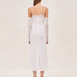 ALEXIS Rishell Lace midi dress with removable lining and sleeve gloves in white.