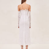 ALEXIS Rishell Lace midi dress with removable lining and sleeve gloves in white.