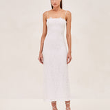 ALEXIS Rishell Lace midi dress with removable lining and sleeve gloves in white.