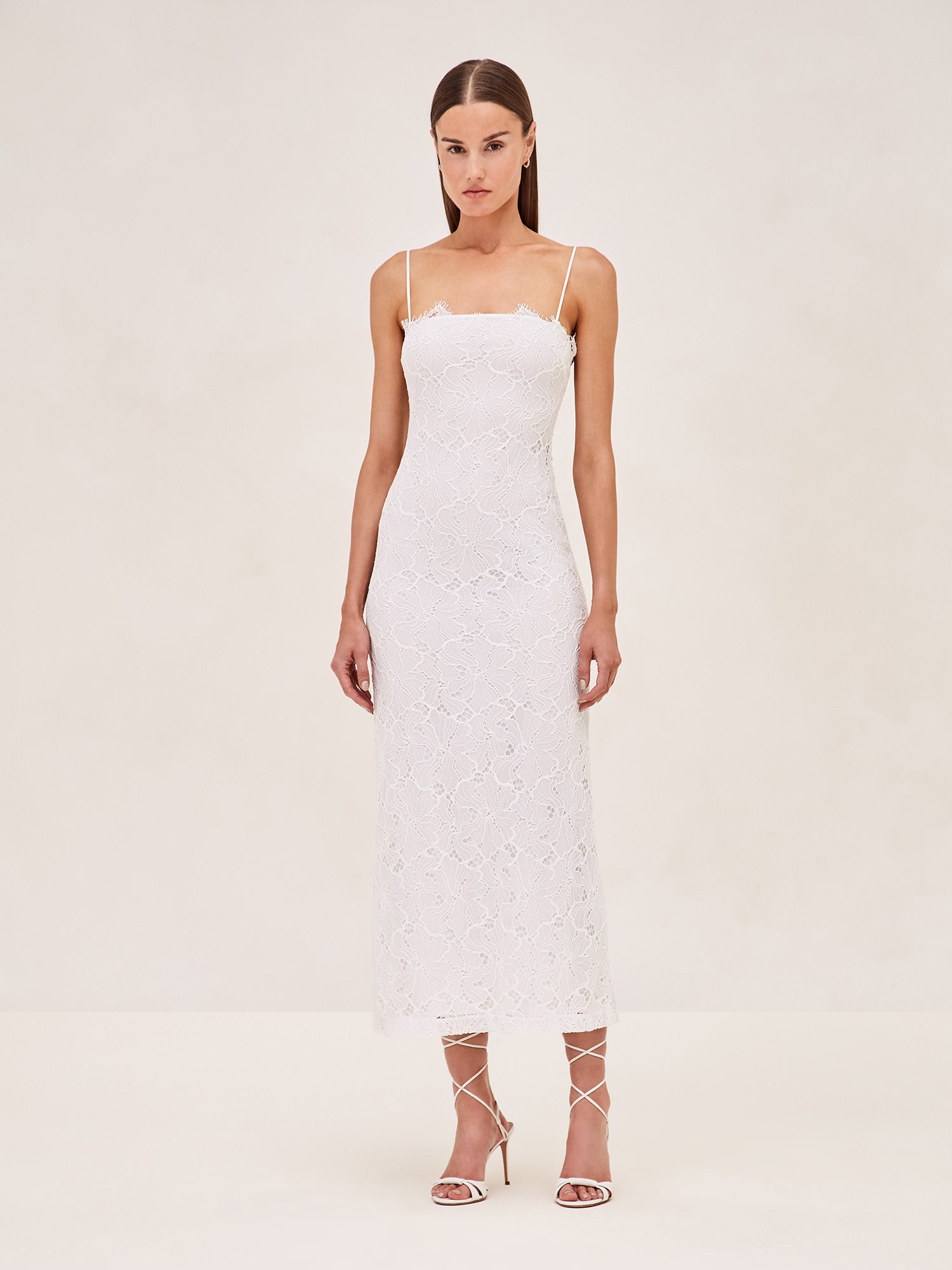 ALEXIS Rishell Lace midi dress with removable lining and sleeve gloves in white.