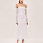 ALEXIS Rishell Lace midi dress with removable lining and sleeve gloves in white.