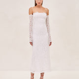 ALEXIS Rishell Lace midi dress with removable lining and sleeve gloves in white.