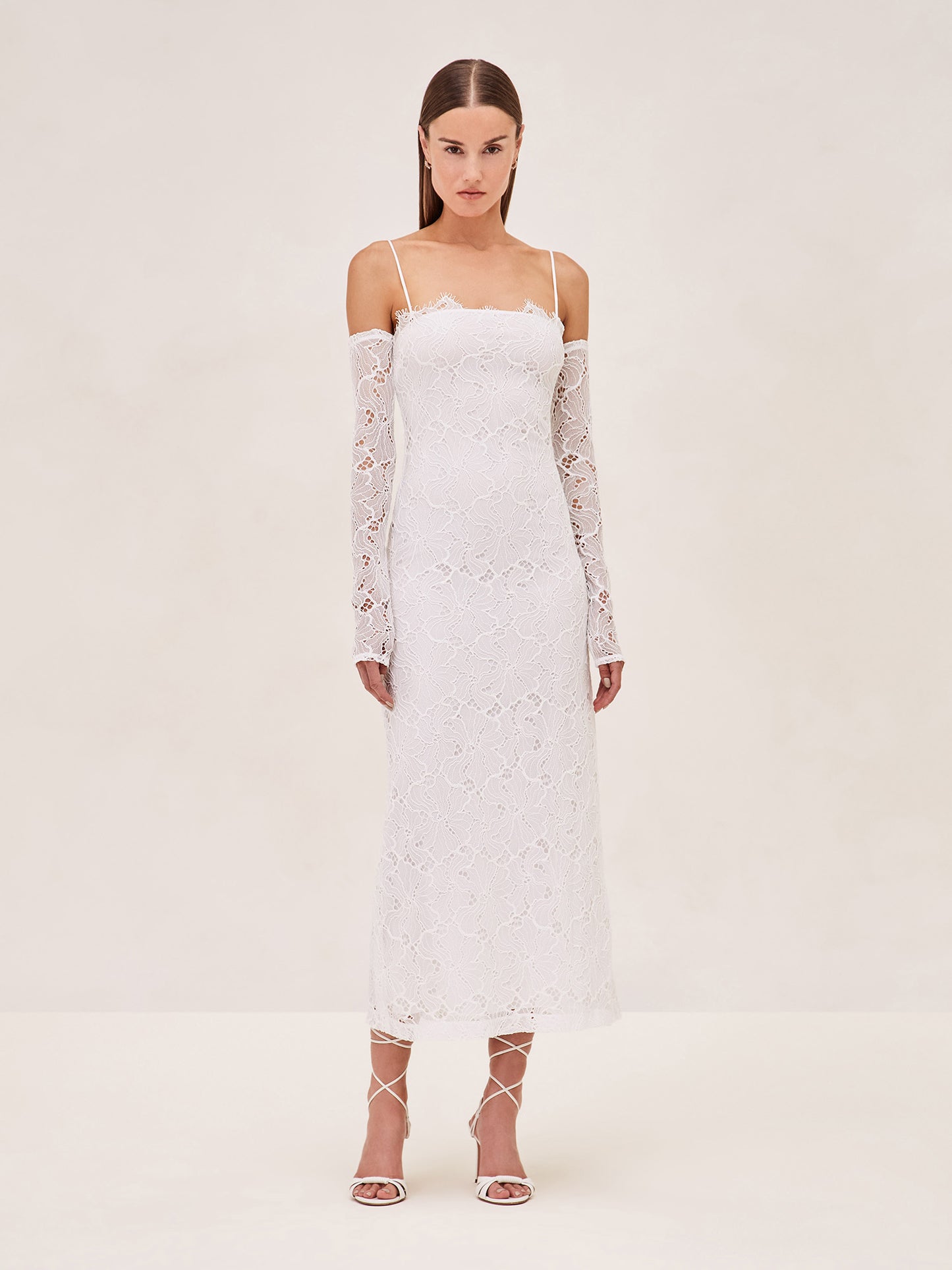 ALEXIS Rishell Lace midi dress with removable lining and sleeve gloves in white.