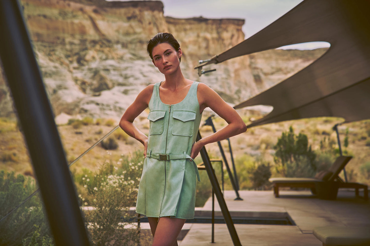 ALEXIS Taylee mini dress with front pockets and waist belt in sage.