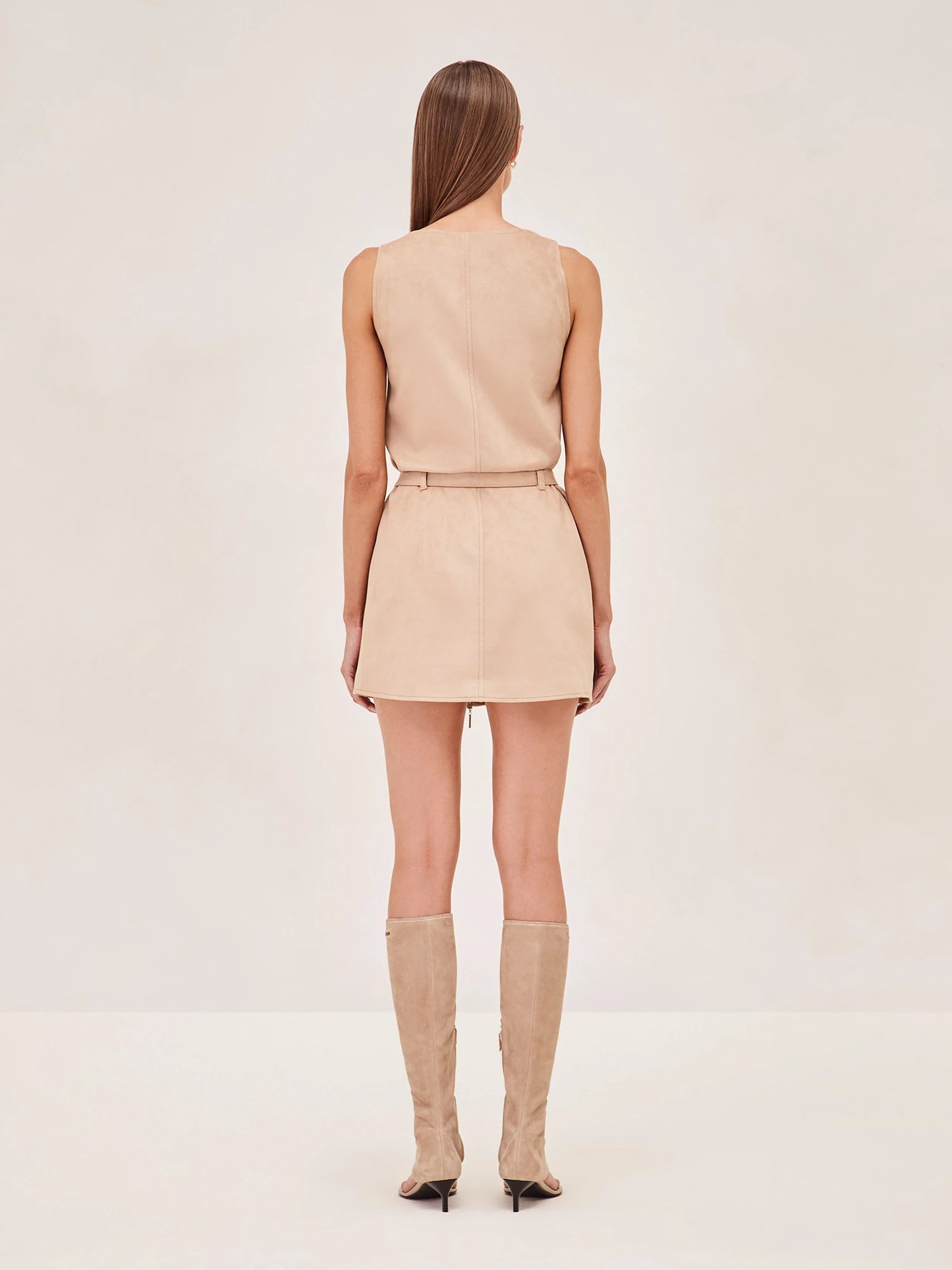ALEXIS Taylee mini dress with front pockets and waist belt in camel.