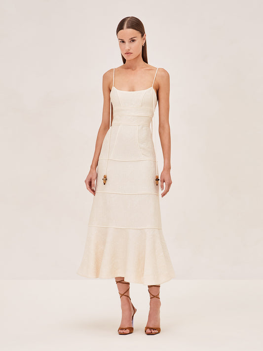ALEXIS Vereda sleevless Midi dress with long staps and a bead detail on strap in ivory.