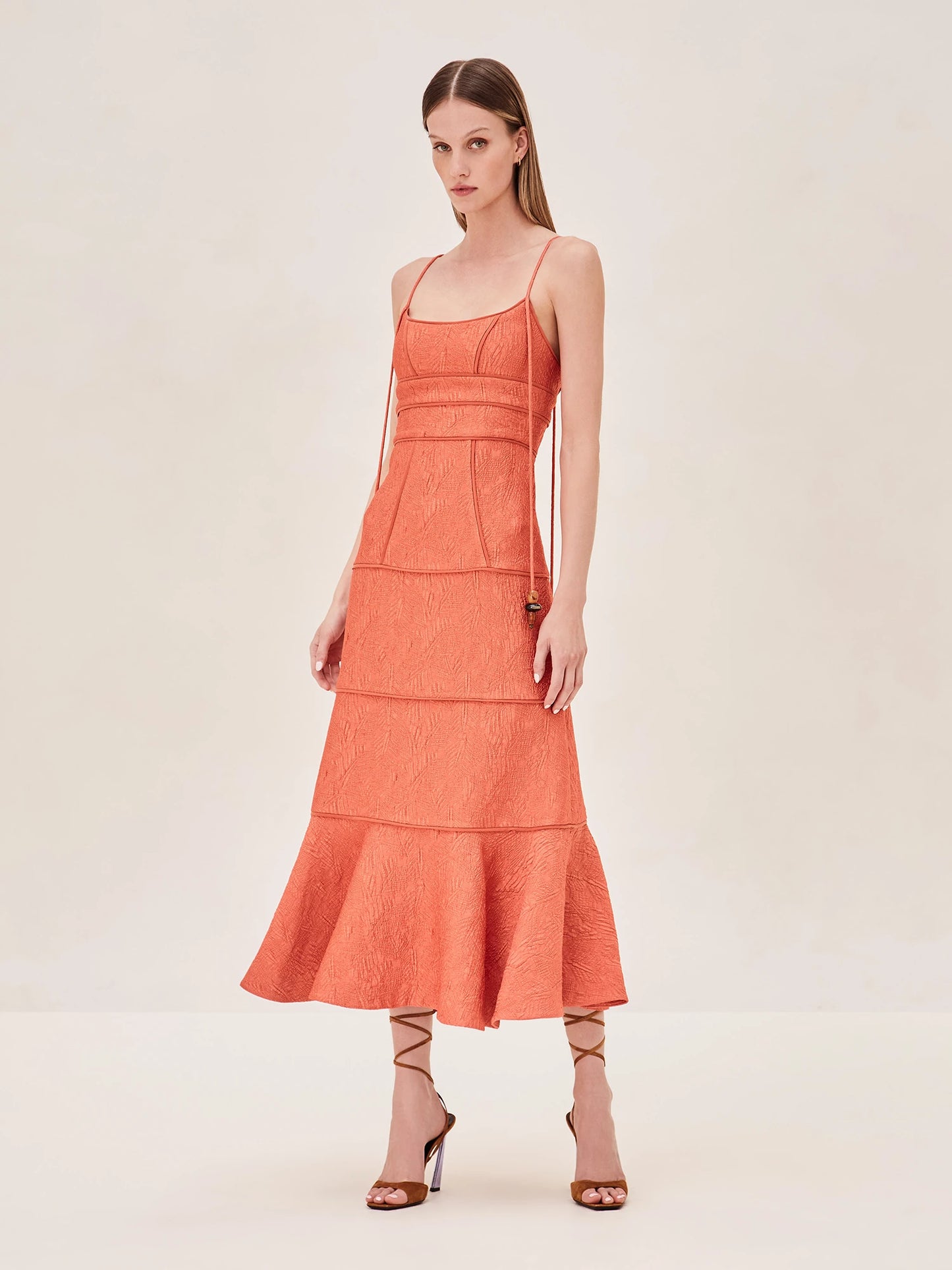 ALEXIS Vereda sleevless Midi dress with long staps and a bead detail on strap in terracotta 