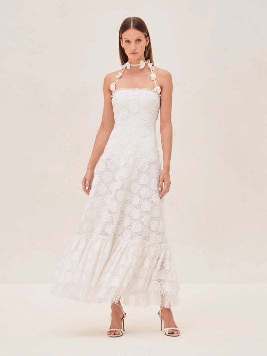 Alexis white lace midi dress with floral patterns and halter neck