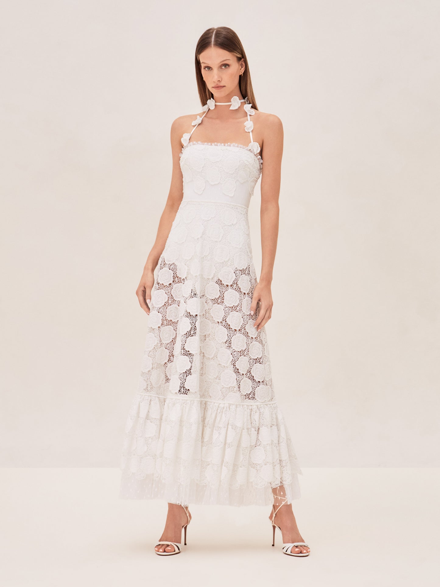 Shopalexis white lace midi dress with floral patterns and halter neck
